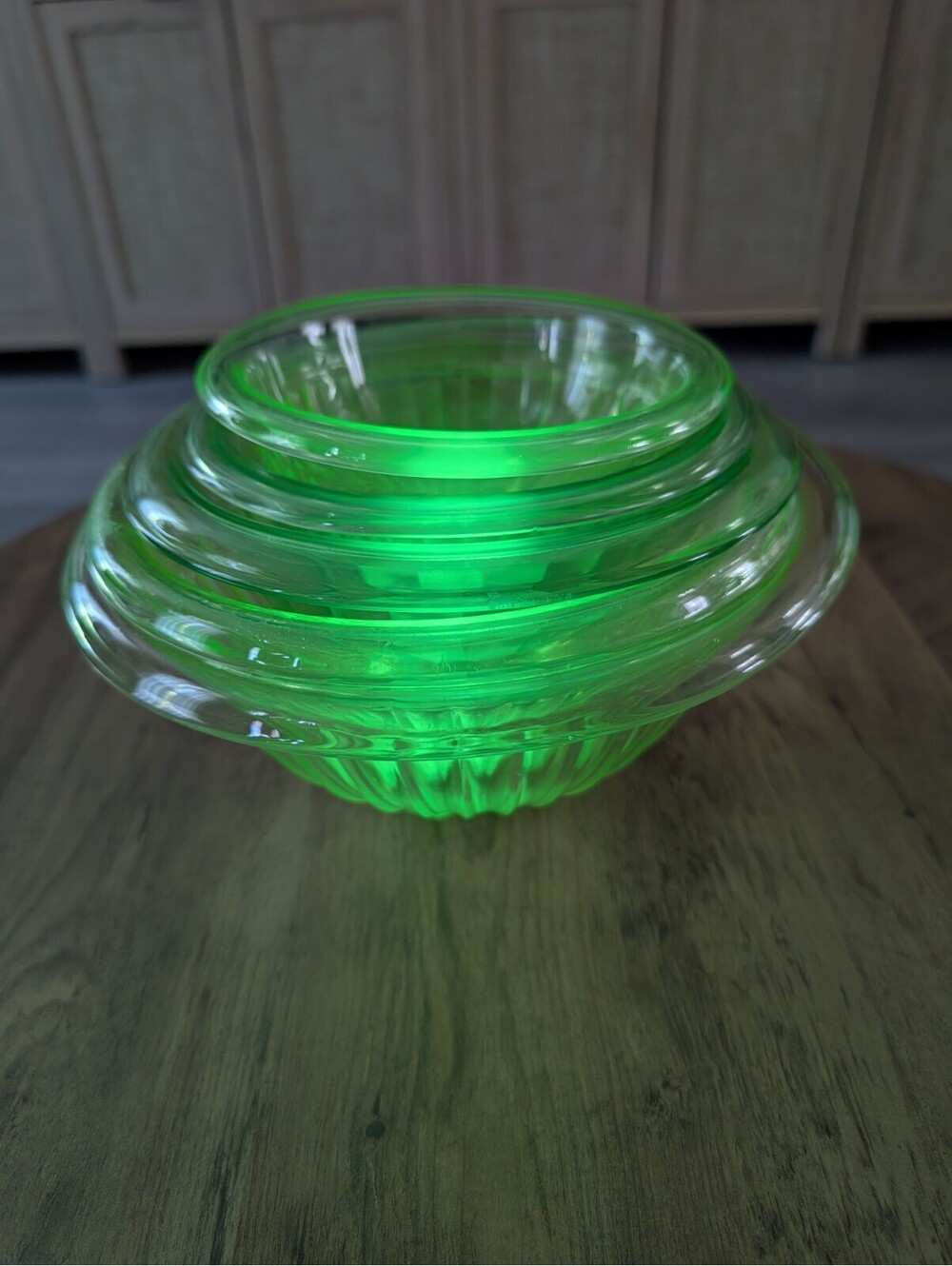 Vintage Hazel Atlas Pillar Optic Uranium Glass Nesting Mixing Bowls Set of 5